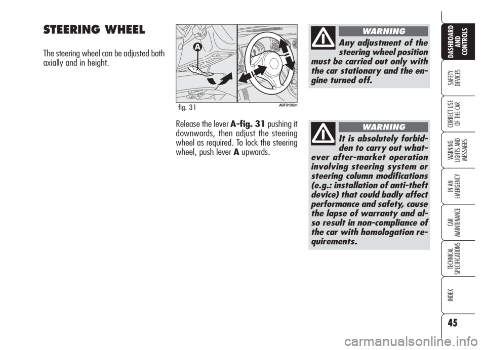 Alfa Romeo Brera/Spider 2008  Owner handbook (in English) 45
SAFETY
DEVICES
WARNING 
LIGHTS AND 
MESSAGES
IN AN 
EMERGENCY
CAR
MAINTENANCE
TECHNICAL
SPECIFICATIONS
INDEX
DASHBOARD
AND
CONTROLS
CORRECT USE
OF THE CAR
STEERING WHEEL
The steering wheel can be a