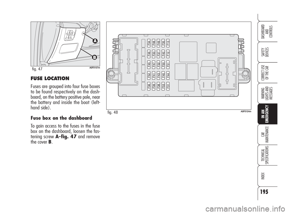 Alfa Romeo Brera/Spider 2009  Owner handbook (in English) 195
SAFETY
DEVICES
WARNING 
LIGHTS AND 
MESSAGES
IN AN 
EMERGENCY
CAR
MAINTENANCE
TECHNICAL
SPECIFICATIONS
INDEX
DASHBOARD
AND
CONTROLS
CORRECT USE
OF THE CARFUSE LOCATION
Fuses are grouped into four 