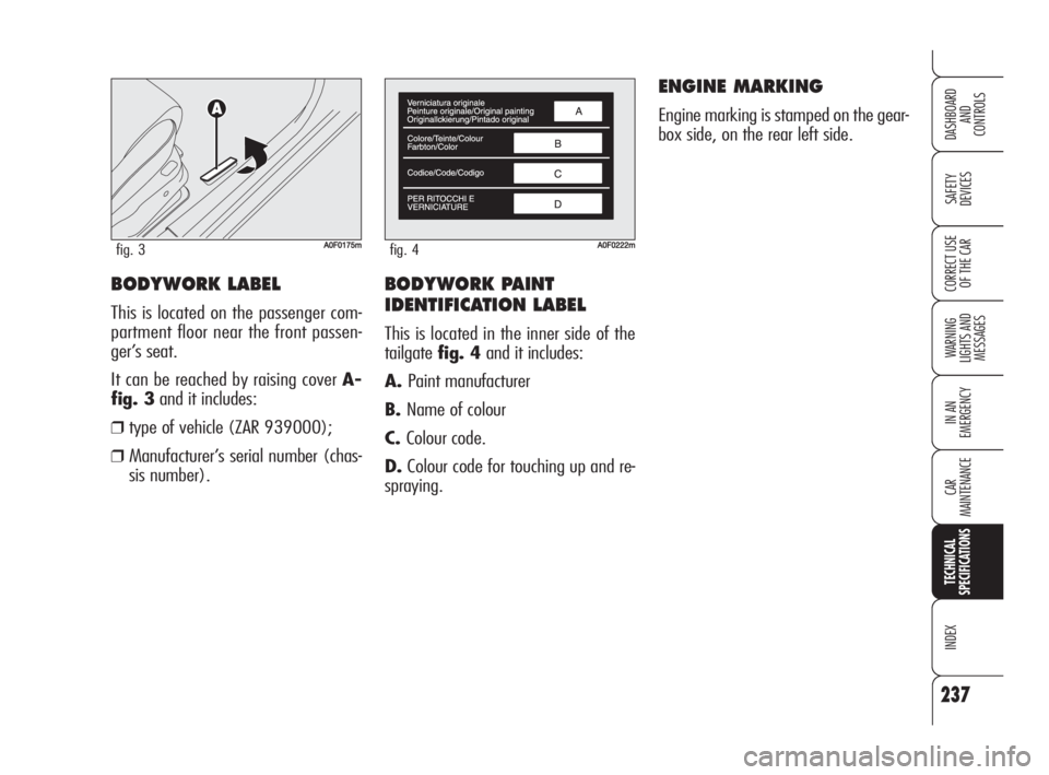 Alfa Romeo Brera/Spider 2009  Owner handbook (in English) BODYWORK PAINT 
IDENTIFICATION LABEL
This is located in the inner side of the
tailgatefig. 4and it includes:
A.Paint manufacturer
B.Name of colour
C.Colour code.
D.Colour code for touching up and re-
