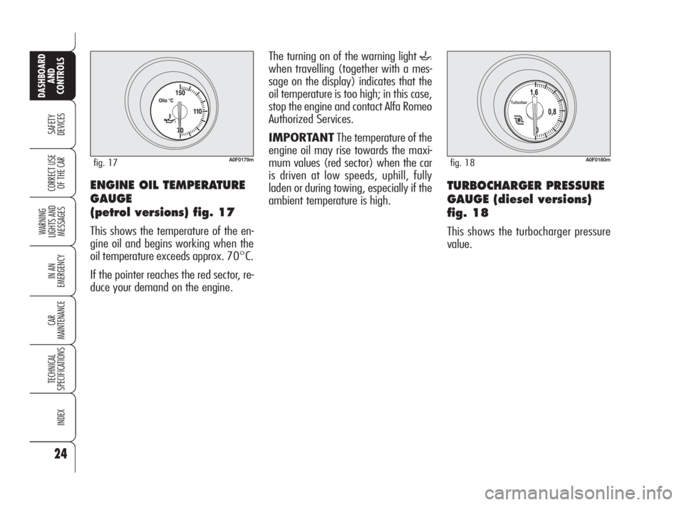 Alfa Romeo Brera/Spider 2009  Owner handbook (in English) 24
SAFETY
DEVICES
WARNING 
LIGHTS AND 
MESSAGES
IN AN 
EMERGENCY
CAR
MAINTENANCE
TECHNICAL
SPECIFICATIONS
INDEX
DASHBOARD
AND
CONTROLS
CORRECT USE
OF THE CARENGINE OIL TEMPERATURE
GAUGE
(petrol versio