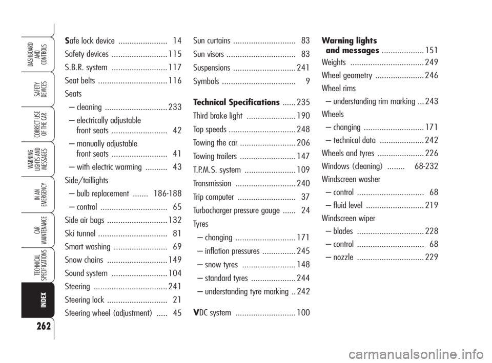 Alfa Romeo Brera/Spider 2009  Owner handbook (in English) 262
SAFETY
DEVICES
WARNING 
LIGHTS AND 
MESSAGES
IN AN 
EMERGENCY
CAR
MAINTENANCE
TECHNICAL
SPECIFICATIONS
CORRECT USE 
OF THE CAR
DASHBOARD
AND
CONTROLS
INDEX
Sun curtains ...........................