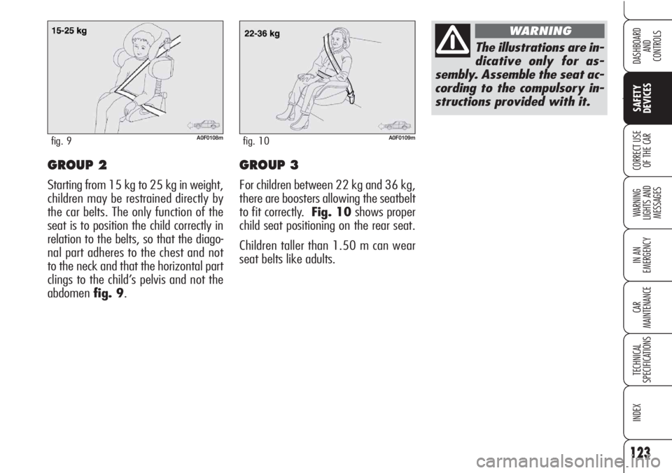 Alfa Romeo Brera/Spider 2010  Owner handbook (in English) 123
Ù
SAFETY
DEVICES
WARNING 
LIGHTS AND 
MESSAGES
IN AN 
EMERGENCY
CAR
MAINTENANCE
TECHNICAL
SPECIFICATIONS
INDEX
DASHBOARD
AND
CONTROLS
CORRECT USE
OF THE CARGROUP 2
Starting from 15 kg to 25 kg in