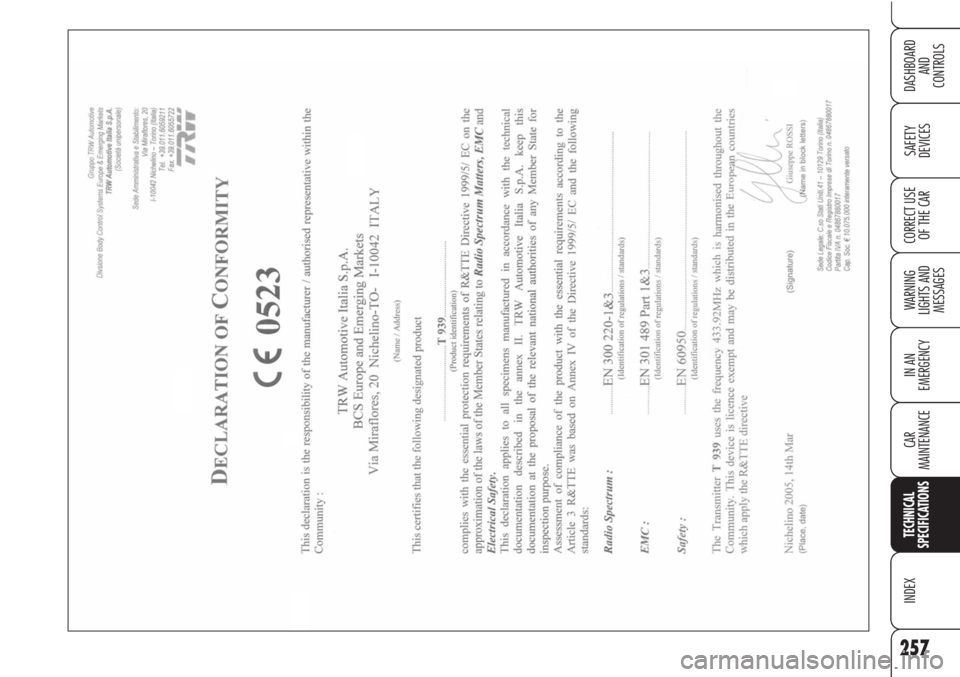 Alfa Romeo Brera/Spider 2010 Owner handbook (in English) 257
SAFETY
DEVICES
WARNING
LIGHTS AND
MESSAGES
IN AN
EMERGENCY
CAR
MAINTENANCE
TECHNICAL
SPECIFICATIONS
INDEX
DASHBOARD
AND
CONTROLS
CORRECT USE
OF THE CAR Alfa Romeo Brera/Spider 2010 Owner handbook (in English) 257
SAFETY
DEVICES
WARNING
LIGHTS AND
MESSAGES
IN AN
EMERGENCY
CAR
MAINTENANCE
TECHNICAL
SPECIFICATIONS
INDEX
DASHBOARD
AND
CONTROLS
CORRECT USE
OF THE CAR