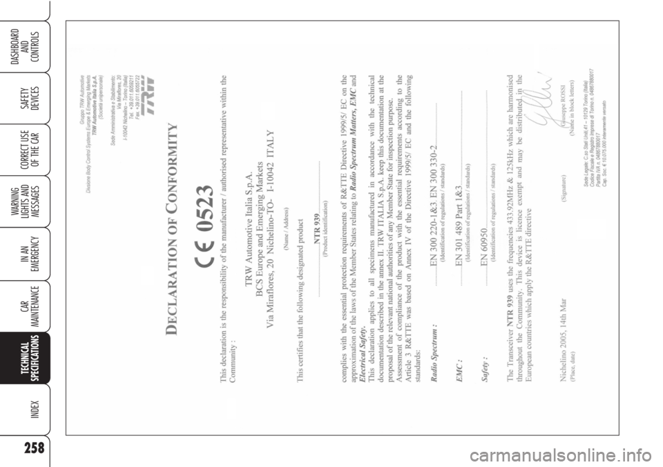 Alfa Romeo Brera/Spider 2010 Owner handbook (in English) 258
SAFETY
DEVICES
WARNING
LIGHTS AND
MESSAGES
IN AN
EMERGENCY
CAR
MAINTENANCE
TECHNICAL
SPECIFICATIONS
INDEX
DASHBOARD
AND
CONTROLS
CORRECT USE
OF THE CAR Alfa Romeo Brera/Spider 2010 Owner handbook (in English) 258
SAFETY
DEVICES
WARNING
LIGHTS AND
MESSAGES
IN AN
EMERGENCY
CAR
MAINTENANCE
TECHNICAL
SPECIFICATIONS
INDEX
DASHBOARD
AND
CONTROLS
CORRECT USE
OF THE CAR