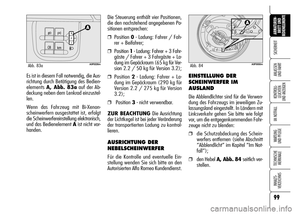 Alfa Romeo Brera/Spider 2006 Betriebsanleitung (in German) 99
SICHERHEIT
KONTROLL-
LEUCHTEN
UND ANZEIGEN
IM NOTFALL
WARTUNG
UND PFLEGE
TECHNISCHE
MERKMALE
INHALTS-
VERZEICHNIS
ARMATUREN-
BRETT UND BEDIENELEMENTE
ANLASSEN
UND FAHRTEs ist in diesem Fall notw Alfa Romeo Brera/Spider 2006 Betriebsanleitung (in German) 99
SICHERHEIT
KONTROLL-
LEUCHTEN
UND ANZEIGEN
IM NOTFALL
WARTUNG
UND PFLEGE
TECHNISCHE
MERKMALE
INHALTS-
VERZEICHNIS
ARMATUREN-
BRETT UND BEDIENELEMENTE
ANLASSEN
UND FAHRTEs ist in diesem Fall notw