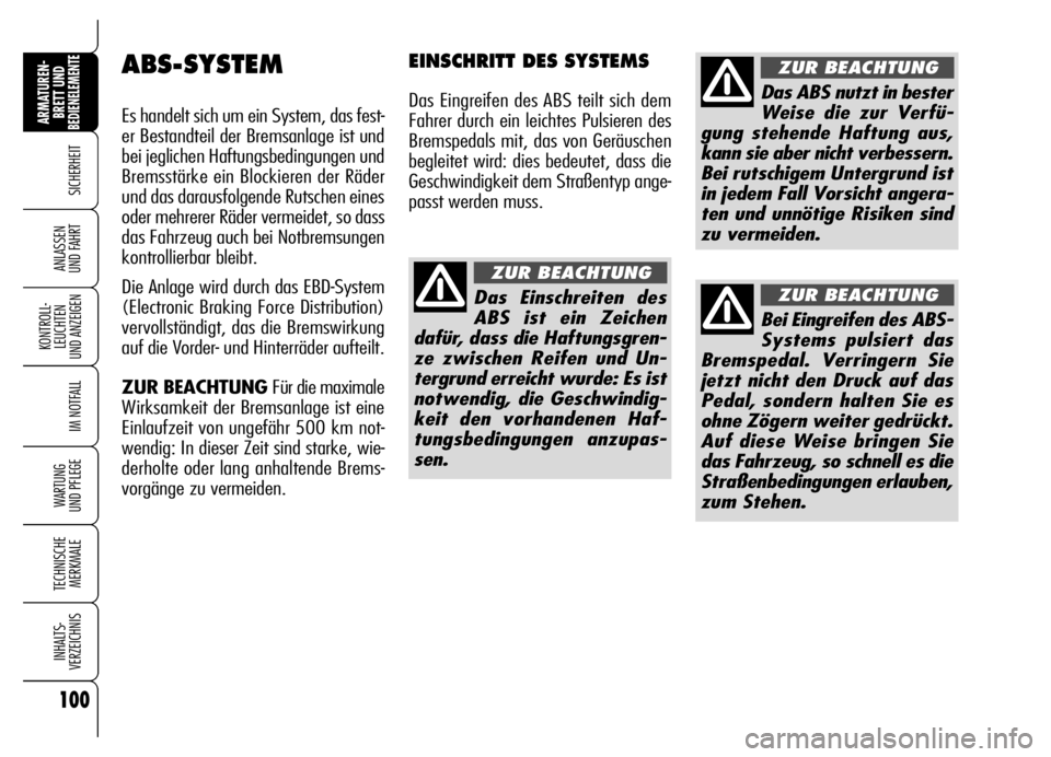 Alfa Romeo Brera/Spider 2006 Betriebsanleitung (in German) 100
SICHERHEIT
KONTROLL-
LEUCHTEN
UND ANZEIGEN
IM NOTFALL
WARTUNG
UND PFLEGE
TECHNISCHE
MERKMALE
INHALTS-
VERZEICHNIS
ARMATUREN-
BRETT UND BEDIENELEMENTE
ANLASSEN
UND FAHRT
ABS-SYSTEM
Es handelt si Alfa Romeo Brera/Spider 2006 Betriebsanleitung (in German) 100
SICHERHEIT
KONTROLL-
LEUCHTEN
UND ANZEIGEN
IM NOTFALL
WARTUNG
UND PFLEGE
TECHNISCHE
MERKMALE
INHALTS-
VERZEICHNIS
ARMATUREN-
BRETT UND BEDIENELEMENTE
ANLASSEN
UND FAHRT
ABS-SYSTEM
Es handelt si