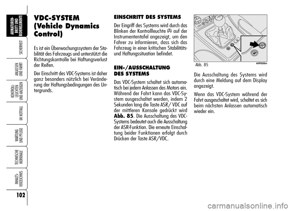 Alfa Romeo Brera/Spider 2006 Betriebsanleitung (in German) 102
SICHERHEIT
KONTROLL-
LEUCHTEN
UND ANZEIGEN
IM NOTFALL
WARTUNG
UND PFLEGE
TECHNISCHE
MERKMALE
INHALTS-
VERZEICHNIS
ARMATUREN-
BRETT UND BEDIENELEMENTE
ANLASSEN
UND FAHRT
VDC-SYSTEM
(Vehicle Dyna Alfa Romeo Brera/Spider 2006 Betriebsanleitung (in German) 102
SICHERHEIT
KONTROLL-
LEUCHTEN
UND ANZEIGEN
IM NOTFALL
WARTUNG
UND PFLEGE
TECHNISCHE
MERKMALE
INHALTS-
VERZEICHNIS
ARMATUREN-
BRETT UND BEDIENELEMENTE
ANLASSEN
UND FAHRT
VDC-SYSTEM
(Vehicle Dyna