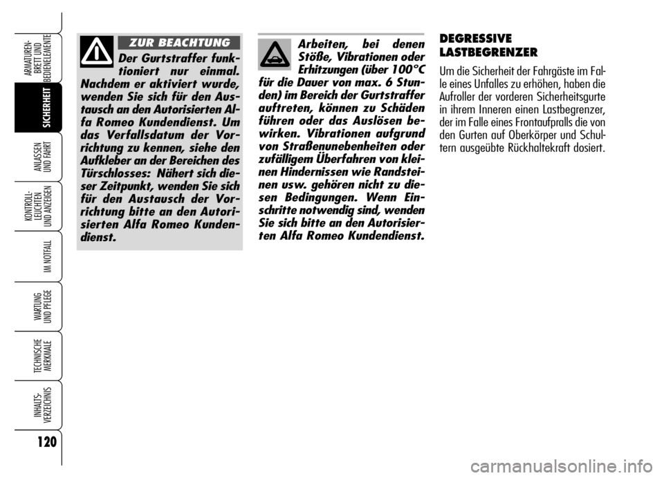 Alfa Romeo Brera/Spider 2006 Betriebsanleitung (in German) 120
SICHERHEIT KONTROLL-
LEUCHTEN
UND ANZEIGEN
IM NOTFALL
WARTUNG
UND PFLEGE
TECHNISCHE
MERKMALE
INHALTS-
VERZEICHNIS
ARMATUREN-
BRETT UND
BEDIENELEMENTE
ANLASSEN
UND FAHRT
Der Gurtstraffer funk-
Alfa Romeo Brera/Spider 2006 Betriebsanleitung (in German) 120
SICHERHEIT KONTROLL-
LEUCHTEN
UND ANZEIGEN
IM NOTFALL
WARTUNG
UND PFLEGE
TECHNISCHE
MERKMALE
INHALTS-
VERZEICHNIS
ARMATUREN-
BRETT UND
BEDIENELEMENTE
ANLASSEN
UND FAHRT
Der Gurtstraffer funk-