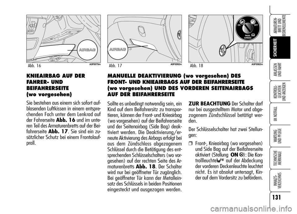 Alfa Romeo Brera/Spider 2006  Betriebsanleitung (in German) 131
SICHERHEIT
KONTROLL-
LEUCHTEN 
UND ANZEIGEN
IM NOTFALL
WARTUNG 
UND PFLEGE
TECHNISCHE
MERKMALE
INHALTS-
VERZEICHNIS
ARMATUREN-
BRETT UND 
BEDIENELEMENTE
ANLASSEN 
UND FAHRTMANUELLE DEAKTIVIERUNG (