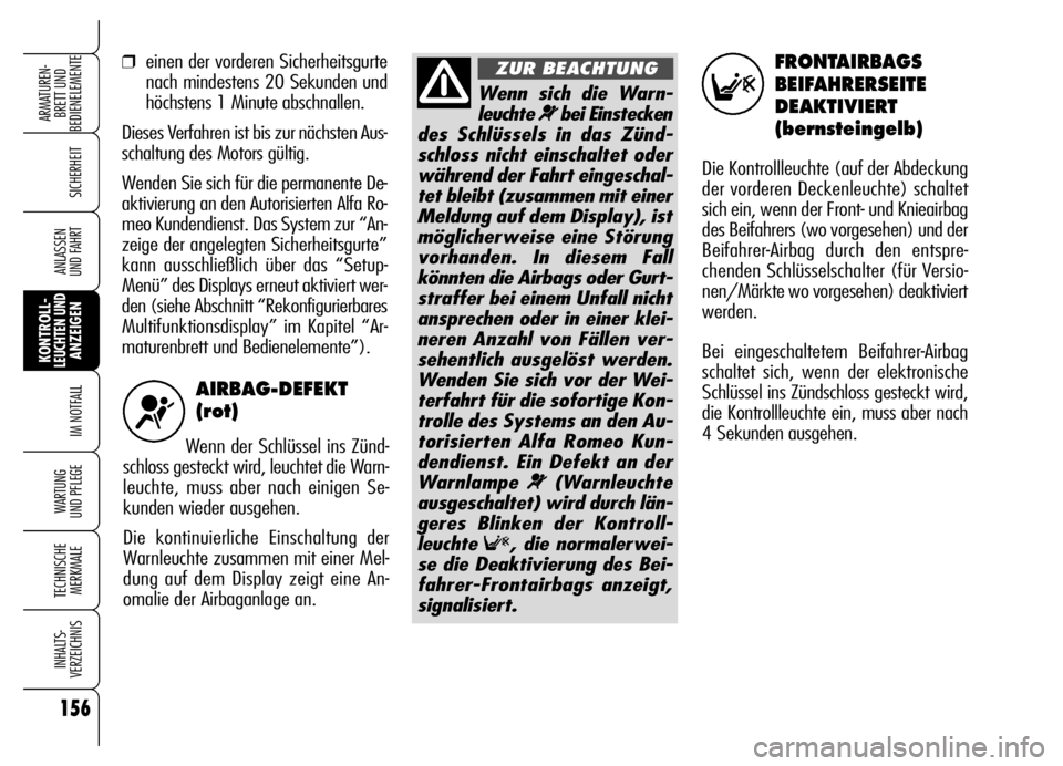 Alfa Romeo Brera/Spider 2006 Betriebsanleitung (in German) 156
SICHERHEIT
KONTROLL-LEUCHTEN UNDANZEIGEN
IM NOTFALL
WARTUNG
UND PFLEGE
TECHNISCHE
MERKMALE
INHALTS-
VERZEICHNIS
ARMATUREN-
BRETT UND
BEDIENELEMENTE
ANLASSEN
UND FAHRT
AIRBAG-DEFEKT
(rot)
Wenn d Alfa Romeo Brera/Spider 2006 Betriebsanleitung (in German) 156
SICHERHEIT
KONTROLL-LEUCHTEN UNDANZEIGEN
IM NOTFALL
WARTUNG
UND PFLEGE
TECHNISCHE
MERKMALE
INHALTS-
VERZEICHNIS
ARMATUREN-
BRETT UND
BEDIENELEMENTE
ANLASSEN
UND FAHRT
AIRBAG-DEFEKT
(rot)
Wenn d