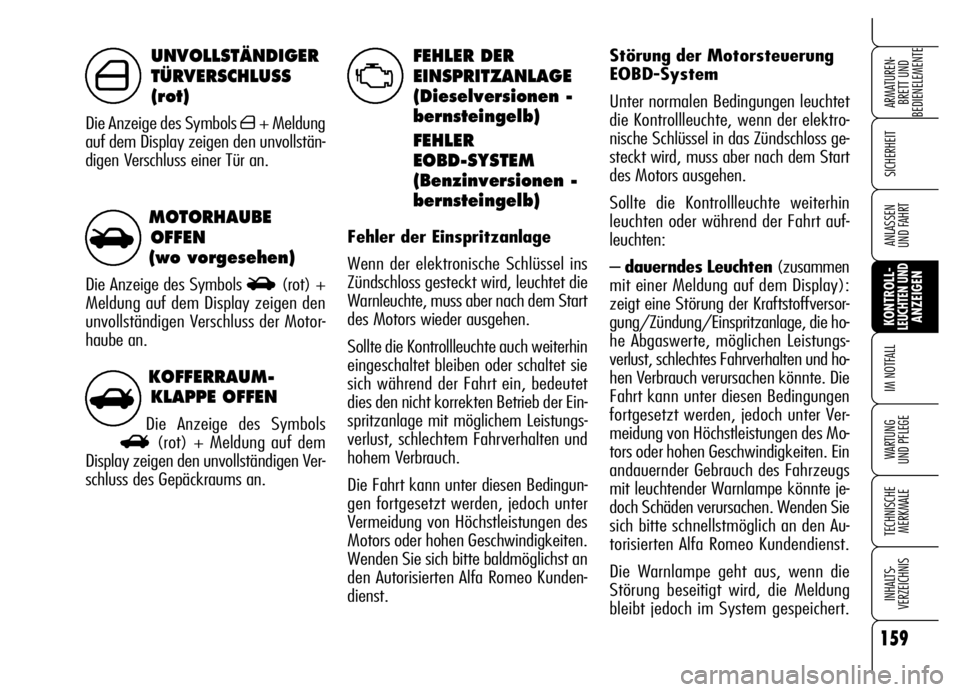 Alfa Romeo Brera/Spider 2006 Betriebsanleitung (in German) 159
SICHERHEIT
KONTROLL-LEUCHTEN UNDANZEIGEN IM NOTFALL
WARTUNG
UND PFLEGE
TECHNISCHE
MERKMALE
INHALTS-
VERZEICHNIS
ARMATUREN-
BRETT UND
BEDIENELEMENTE
ANLASSEN
UND FAHRT
KOFFERRAUM-
KLAPPE OFFEN
D Alfa Romeo Brera/Spider 2006 Betriebsanleitung (in German) 159
SICHERHEIT
KONTROLL-LEUCHTEN UNDANZEIGEN IM NOTFALL
WARTUNG
UND PFLEGE
TECHNISCHE
MERKMALE
INHALTS-
VERZEICHNIS
ARMATUREN-
BRETT UND
BEDIENELEMENTE
ANLASSEN
UND FAHRT
KOFFERRAUM-
KLAPPE OFFEN
D