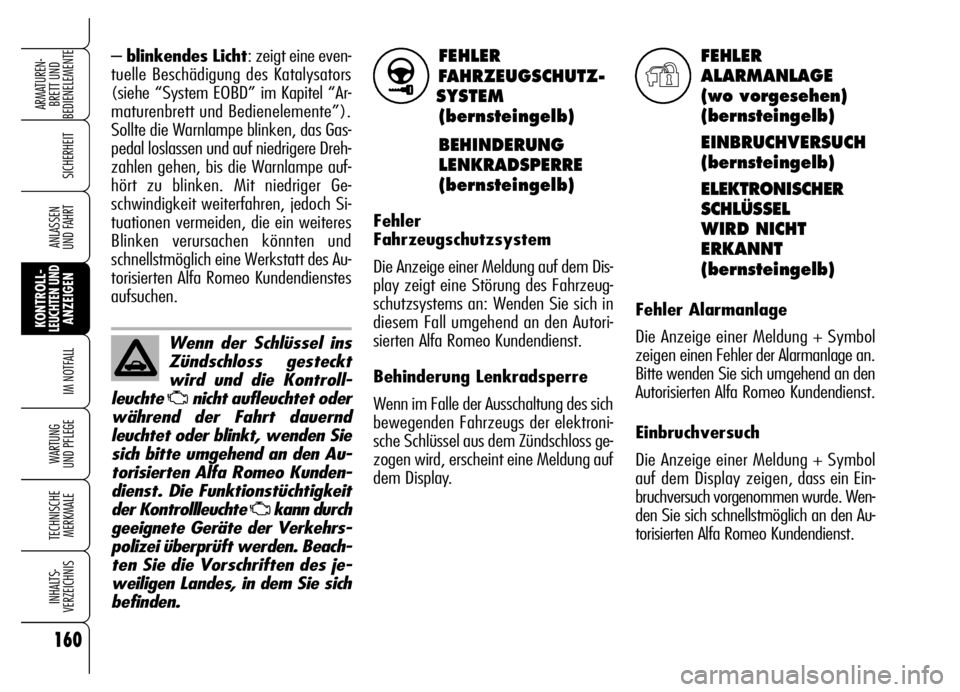 Alfa Romeo Brera/Spider 2006 Betriebsanleitung (in German) 160
SICHERHEIT
KONTROLL-LEUCHTEN UNDANZEIGEN
IM NOTFALL
WARTUNG
UND PFLEGE
TECHNISCHE
MERKMALE
INHALTS-
VERZEICHNIS
ARMATUREN-
BRETT UND
BEDIENELEMENTE
ANLASSEN
UND FAHRT
FEHLER
FAHRZEUGSCHUTZ-
SYS Alfa Romeo Brera/Spider 2006 Betriebsanleitung (in German) 160
SICHERHEIT
KONTROLL-LEUCHTEN UNDANZEIGEN
IM NOTFALL
WARTUNG
UND PFLEGE
TECHNISCHE
MERKMALE
INHALTS-
VERZEICHNIS
ARMATUREN-
BRETT UND
BEDIENELEMENTE
ANLASSEN
UND FAHRT
FEHLER
FAHRZEUGSCHUTZ-
SYS