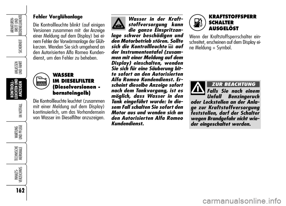 Alfa Romeo Brera/Spider 2006 Betriebsanleitung (in German) 162
SICHERHEIT
KONTROLL-LEUCHTEN UNDANZEIGEN
IM NOTFALL
WARTUNG
UND PFLEGE
TECHNISCHE
MERKMALE
INHALTS-
VERZEICHNIS
ARMATUREN-
BRETT UND
BEDIENELEMENTE
ANLASSEN
UND FAHRT
KRAFTSTOFFSPERR
SCHALTER
A Alfa Romeo Brera/Spider 2006 Betriebsanleitung (in German) 162
SICHERHEIT
KONTROLL-LEUCHTEN UNDANZEIGEN
IM NOTFALL
WARTUNG
UND PFLEGE
TECHNISCHE
MERKMALE
INHALTS-
VERZEICHNIS
ARMATUREN-
BRETT UND
BEDIENELEMENTE
ANLASSEN
UND FAHRT
KRAFTSTOFFSPERR
SCHALTER
A