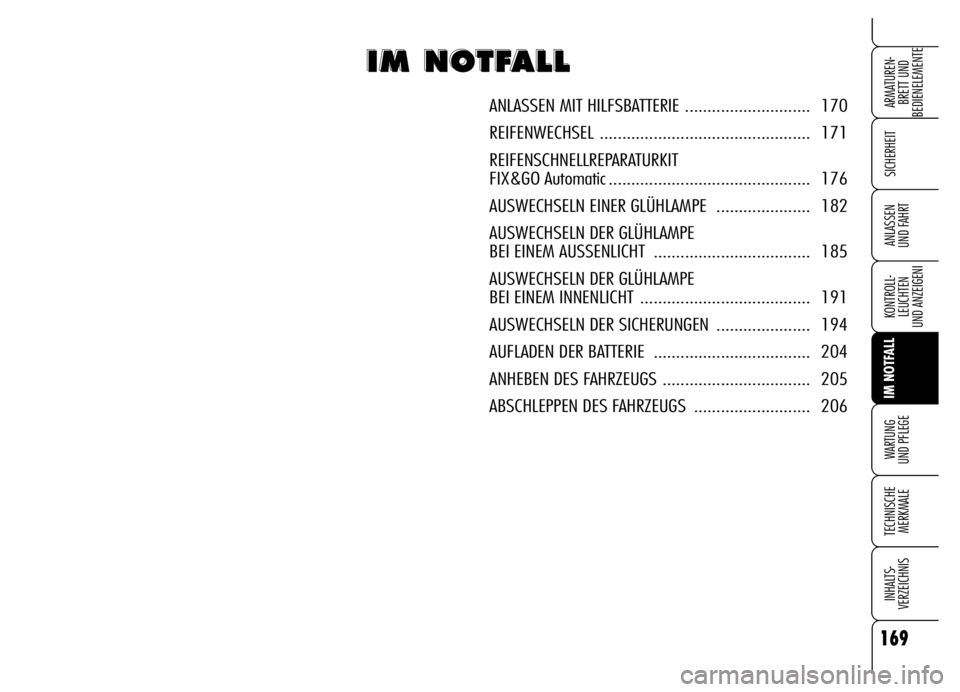 Alfa Romeo Brera/Spider 2006 Betriebsanleitung (in German) 169
SICHERHEIT
KONTROLL-
LEUCHTEN
UND ANZEIGENI
IM NOTFALL
WARTUNG
UND PFLEGE
TECHNISCHE
MERKMALE
INHALTS-
VERZEICHNIS
ARMATUREN-
BRETT UND
BEDIENELEMENTE
ANLASSEN
UND FAHRT
I I I I
M M M M
Alfa Romeo Brera/Spider 2006 Betriebsanleitung (in German) 169
SICHERHEIT
KONTROLL-
LEUCHTEN
UND ANZEIGENI
IM NOTFALL
WARTUNG
UND PFLEGE
TECHNISCHE
MERKMALE
INHALTS-
VERZEICHNIS
ARMATUREN-
BRETT UND
BEDIENELEMENTE
ANLASSEN
UND FAHRT
I I I I
M M M M