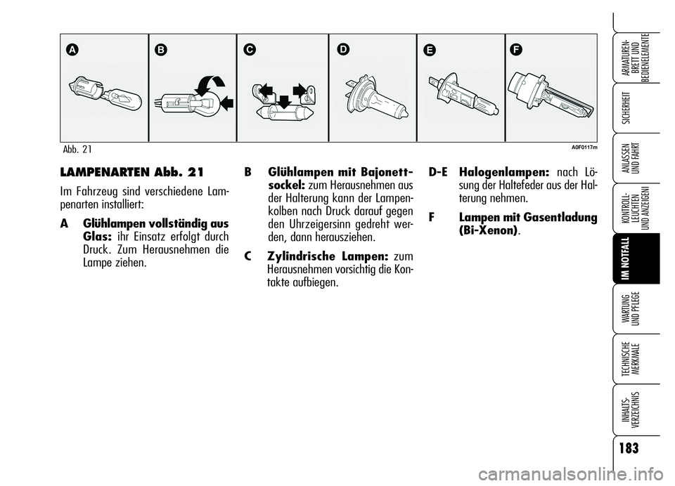 Alfa Romeo Brera/Spider 2006 Betriebsanleitung (in German) 183
SICHERHEIT
KONTROLL-
LEUCHTEN
UND ANZEIGENI
IM NOTFALL
WARTUNG
UND PFLEGE
TECHNISCHE
MERKMALE
INHALTS-
VERZEICHNIS
ARMATUREN-
BRETT UND
BEDIENELEMENTE
ANLASSEN
UND FAHRTB Glühlampen mit Bajone Alfa Romeo Brera/Spider 2006 Betriebsanleitung (in German) 183
SICHERHEIT
KONTROLL-
LEUCHTEN
UND ANZEIGENI
IM NOTFALL
WARTUNG
UND PFLEGE
TECHNISCHE
MERKMALE
INHALTS-
VERZEICHNIS
ARMATUREN-
BRETT UND
BEDIENELEMENTE
ANLASSEN
UND FAHRTB Glühlampen mit Bajone