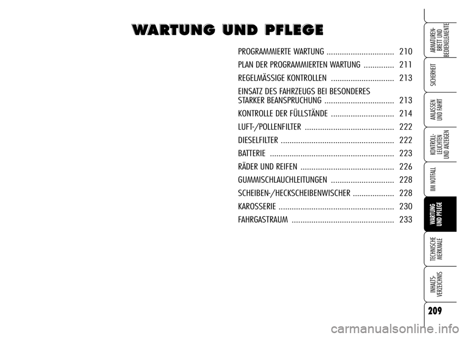 Alfa Romeo Brera/Spider 2006  Betriebsanleitung (in German) 209
SICHERHEIT
KONTROLL-
LEUCHTEN 
UND ANZEIGEN
IIM NOTFALL
WARTUNG 
UND PFLEGE
TECHNISCHE
MERKMALE
INHALTS-
VERZEICHNIS
ARMATUREN-
BRETT UND 
BEDIENELEMENTE
ANLASSEN 
UND FAHRT
W W W W
A A A A
R R R 