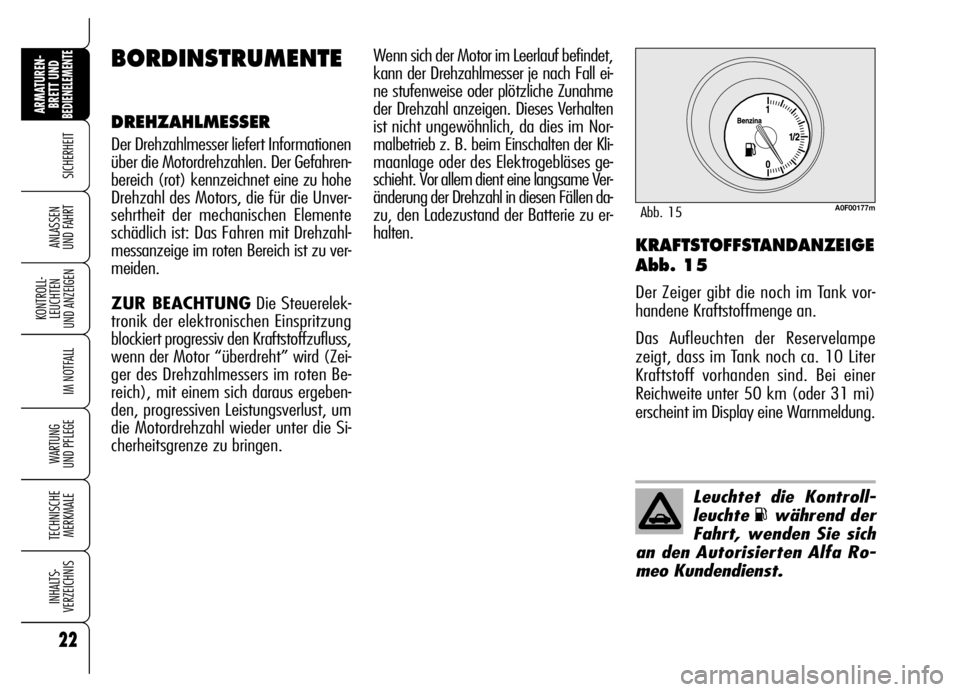 Alfa Romeo Brera/Spider 2006 Betriebsanleitung (in German) 22
SICHERHEIT
KONTROLL-
LEUCHTEN
UND ANZEIGEN
IM NOTFALL
WARTUNG
UND PFLEGE
TECHNISCHE
MERKMALE
INHALTS-
VERZEICHNIS
ARMATUREN-
BRETT UND BEDIENELEMENTE
ANLASSEN
UND FAHRTKRAFTSTOFFSTANDANZEIGE
Abb Alfa Romeo Brera/Spider 2006 Betriebsanleitung (in German) 22
SICHERHEIT
KONTROLL-
LEUCHTEN
UND ANZEIGEN
IM NOTFALL
WARTUNG
UND PFLEGE
TECHNISCHE
MERKMALE
INHALTS-
VERZEICHNIS
ARMATUREN-
BRETT UND BEDIENELEMENTE
ANLASSEN
UND FAHRTKRAFTSTOFFSTANDANZEIGE
Abb