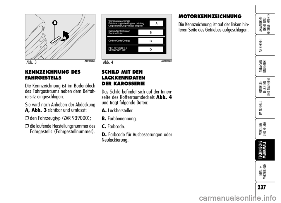 Alfa Romeo Brera/Spider 2006 Betriebsanleitung (in German) SCHILD MIT DEN
LACKKENNDATEN
DER KAROSSERIE
Das Schild befindet sich auf der Innen-
seite des Kofferraumdeckels Abb. 4
und trägt folgende Daten:
A.Lackhersteller.
B.Farbbenennung.
C.Farbcode.
D.Farb Alfa Romeo Brera/Spider 2006 Betriebsanleitung (in German) SCHILD MIT DEN
LACKKENNDATEN
DER KAROSSERIE
Das Schild befindet sich auf der Innen-
seite des Kofferraumdeckels Abb. 4
und trägt folgende Daten:
A.Lackhersteller.
B.Farbbenennung.
C.Farbcode.
D.Farb