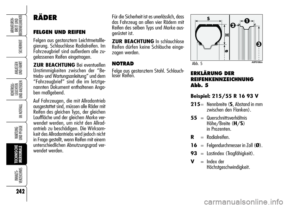 Alfa Romeo Brera/Spider 2006 Betriebsanleitung (in German) 242
SICHERHEIT
KONTROLL-
LEUCHTEN
UND ANZEIGEN
IM NOTFALL
WARTUNG
UND PFLEGE
TECHNISCHE
MERKMALE INHALTS-
VERZEICHNIS
ARMATUREN-
BRETT UND
BEDIENELEMENTE
ANLASSEN
UND FAHRTERKLÄRUNG DER
REIFENKEN Alfa Romeo Brera/Spider 2006 Betriebsanleitung (in German) 242
SICHERHEIT
KONTROLL-
LEUCHTEN
UND ANZEIGEN
IM NOTFALL
WARTUNG
UND PFLEGE
TECHNISCHE
MERKMALE INHALTS-
VERZEICHNIS
ARMATUREN-
BRETT UND
BEDIENELEMENTE
ANLASSEN
UND FAHRTERKLÄRUNG DER
REIFENKEN
