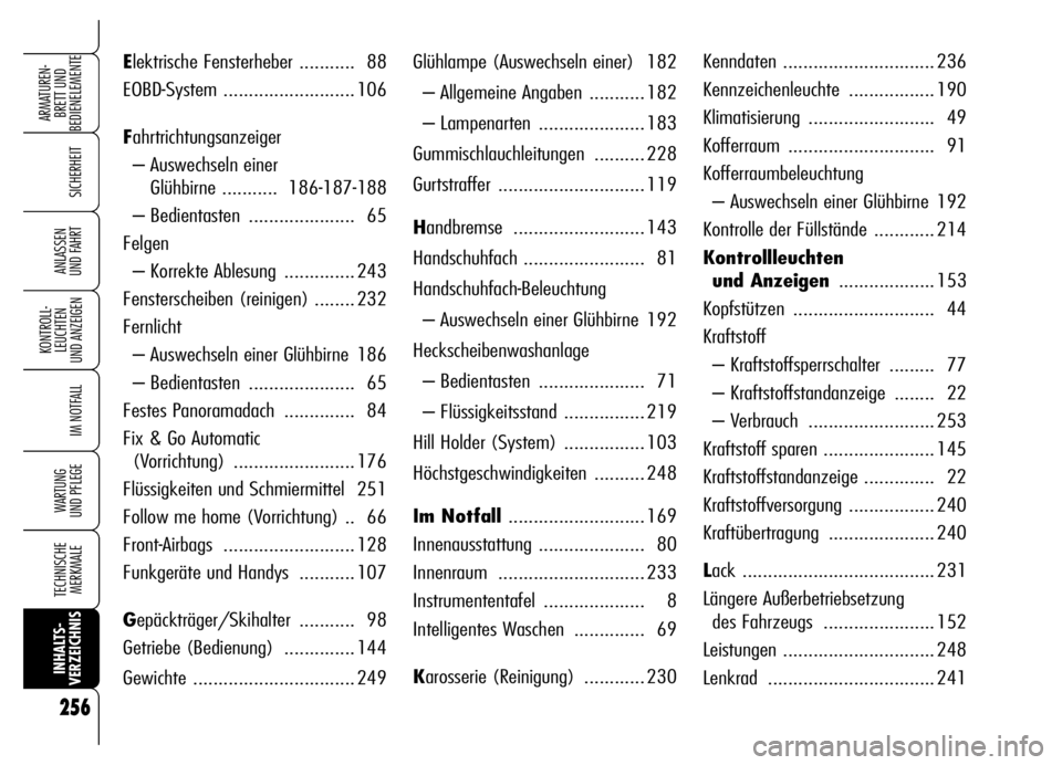 Alfa Romeo Brera/Spider 2006 Betriebsanleitung (in German) 256
SICHERHEIT
KONTROLL-
LEUCHTEN
UND ANZEIGEN
IM NOTFALL
WARTUNG
UND PFLEGE
TECHNISCHE
MERKMALE
INHALTS-
VERZEICHNISARMATUREN-
BRETT UND
BEDIENELEMENTE
ANLASSEN
UND FAHRT
256
Glühlampe (Auswechs Alfa Romeo Brera/Spider 2006 Betriebsanleitung (in German) 256
SICHERHEIT
KONTROLL-
LEUCHTEN
UND ANZEIGEN
IM NOTFALL
WARTUNG
UND PFLEGE
TECHNISCHE
MERKMALE
INHALTS-
VERZEICHNISARMATUREN-
BRETT UND
BEDIENELEMENTE
ANLASSEN
UND FAHRT
256
Glühlampe (Auswechs