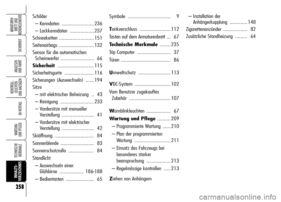 Alfa Romeo Brera/Spider 2006  Betriebsanleitung (in German) 258
SICHERHEIT
KONTROLL-
LEUCHTEN 
UND ANZEIGEN
IM NOTFALL
WARTUNG 
UND PFLEGE
TECHNISCHE
MERKMALE
INHALTS-
VERZEICHNISARMATUREN-
BRETT UND 
BEDIENELEMENTE
ANLASSEN 
UND FAHRT
Symbole ................