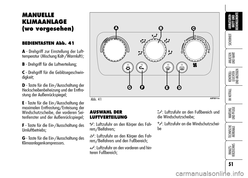 Alfa Romeo Brera/Spider 2006 Betriebsanleitung (in German) 51
SICHERHEIT
KONTROLL-
LEUCHTEN
UND ANZEIGEN
IM NOTFALL
WARTUNG
UND PFLEGE
TECHNISCHE
MERKMALE
INHALTS-
VERZEICHNIS
ARMATUREN-
BRETT UND BEDIENELEMENTE
ANLASSEN
UND FAHRT
AUSWAHL DER
LUFTVERTEILUN Alfa Romeo Brera/Spider 2006 Betriebsanleitung (in German) 51
SICHERHEIT
KONTROLL-
LEUCHTEN
UND ANZEIGEN
IM NOTFALL
WARTUNG
UND PFLEGE
TECHNISCHE
MERKMALE
INHALTS-
VERZEICHNIS
ARMATUREN-
BRETT UND BEDIENELEMENTE
ANLASSEN
UND FAHRT
AUSWAHL DER
LUFTVERTEILUN