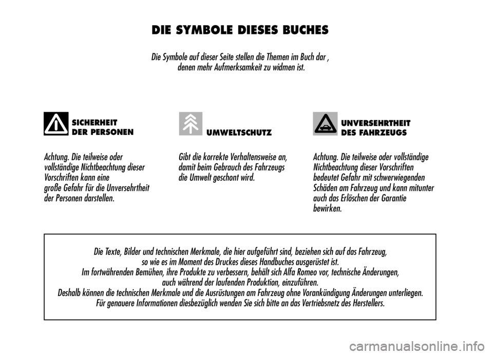 Alfa Romeo Brera/Spider 2006  Betriebsanleitung (in German) DIE SYMBOLE DIESES BUCHES
Die Symbole auf dieser Seite stellen die Themen im Buch dar ,
denen mehr Aufmerksamkeit zu widmen ist.
Achtung. Die teilweise oder 
vollständige Nichtbeachtung dieser
Vorsch