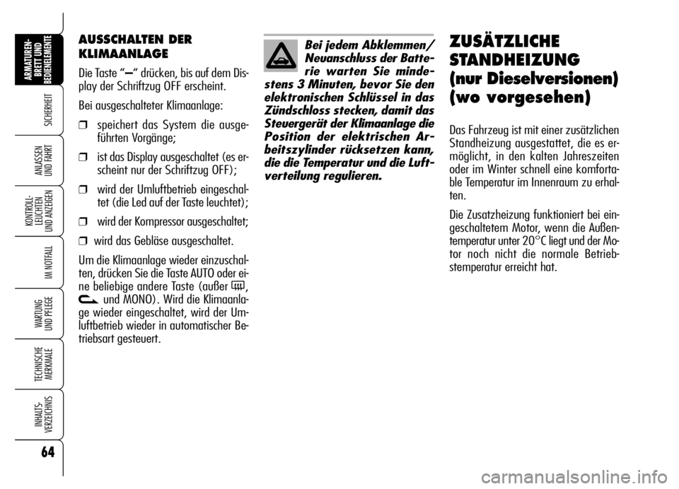 Alfa Romeo Brera/Spider 2006 Betriebsanleitung (in German) 64
SICHERHEIT
KONTROLL-
LEUCHTEN
UND ANZEIGEN
IM NOTFALL
WARTUNG
UND PFLEGE
TECHNISCHE
MERKMALE
INHALTS-
VERZEICHNIS
ARMATUREN-
BRETT UND BEDIENELEMENTE
ANLASSEN
UND FAHRT
AUSSCHALTEN DER
KLIMAANLA Alfa Romeo Brera/Spider 2006 Betriebsanleitung (in German) 64
SICHERHEIT
KONTROLL-
LEUCHTEN
UND ANZEIGEN
IM NOTFALL
WARTUNG
UND PFLEGE
TECHNISCHE
MERKMALE
INHALTS-
VERZEICHNIS
ARMATUREN-
BRETT UND BEDIENELEMENTE
ANLASSEN
UND FAHRT
AUSSCHALTEN DER
KLIMAANLA