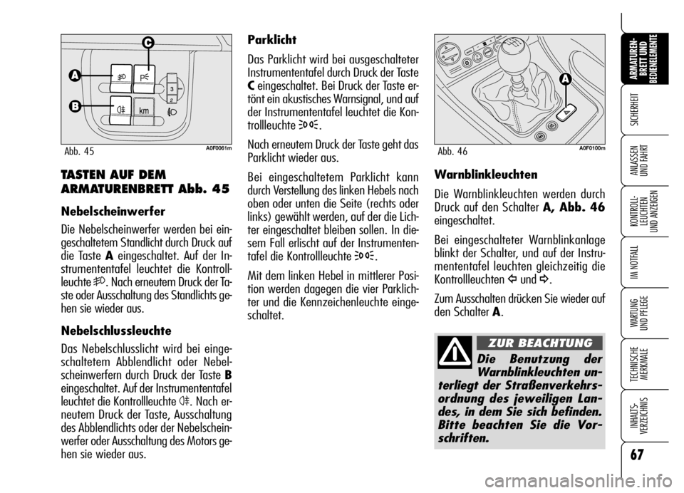 Alfa Romeo Brera/Spider 2006 Betriebsanleitung (in German) 67
SICHERHEIT
KONTROLL-
LEUCHTEN
UND ANZEIGEN
IM NOTFALL
WARTUNG
UND PFLEGE
TECHNISCHE
MERKMALE
INHALTS-
VERZEICHNIS
ARMATUREN-
BRETT UND BEDIENELEMENTE
ANLASSEN
UND FAHRT
Parklicht
Das Parklicht w Alfa Romeo Brera/Spider 2006 Betriebsanleitung (in German) 67
SICHERHEIT
KONTROLL-
LEUCHTEN
UND ANZEIGEN
IM NOTFALL
WARTUNG
UND PFLEGE
TECHNISCHE
MERKMALE
INHALTS-
VERZEICHNIS
ARMATUREN-
BRETT UND BEDIENELEMENTE
ANLASSEN
UND FAHRT
Parklicht
Das Parklicht w