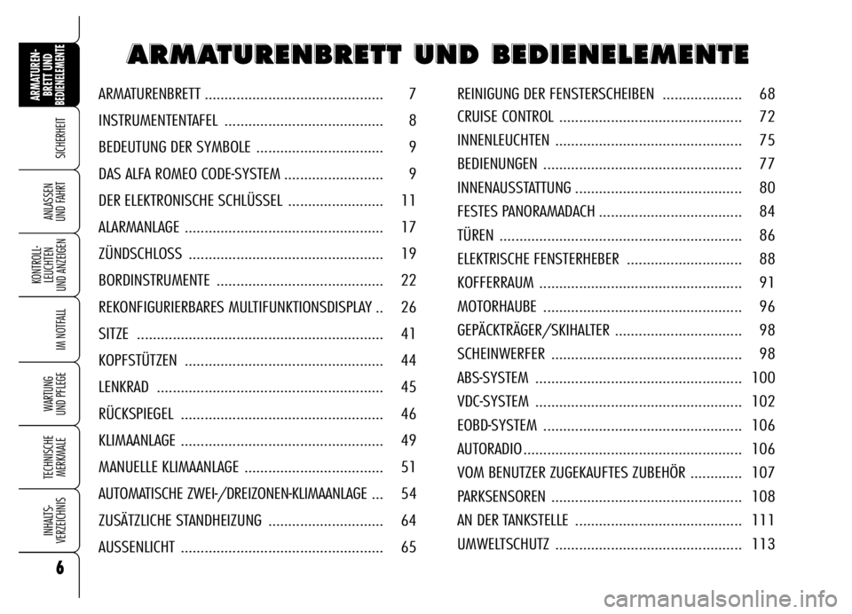 Alfa Romeo Brera/Spider 2006  Betriebsanleitung (in German) 6
SICHERHEIT
KONTROLL-
LEUCHTEN 
UND ANZEIGEN
IM NOTFALL
WARTUNG 
UND PFLEGE
TECHNISCHE
MERKMALE
INHALTS-
VERZEICHNIS
ARMATUREN-
BRETT UND BEDIENELEMENTE
ANLASSEN 
UND FAHRT
6
A A A A
R R R R
M M M M
