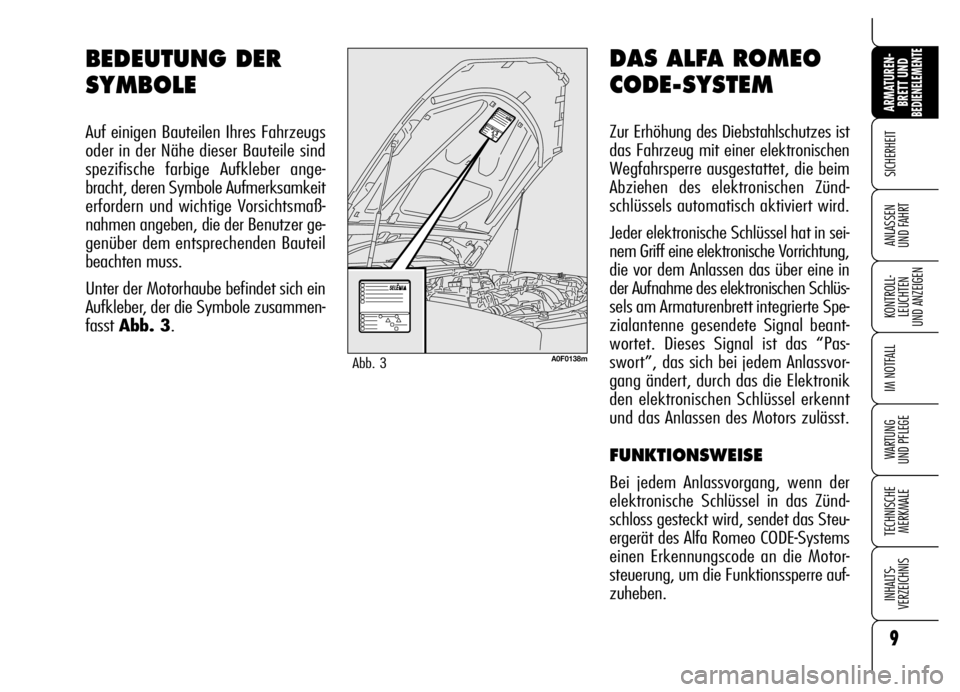 Alfa Romeo Brera/Spider 2007  Betriebsanleitung (in German) 9
SICHERHEIT
KONTROLL-
LEUCHTEN 
UND ANZEIGEN
IM NOTFALL
WARTUNG 
UND PFLEGE
TECHNISCHE
MERKMALE
INHALTS-
VERZEICHNIS
ARMATUREN-
BRETT UND BEDIENELEMENTE
ANLASSEN 
UND FAHRT
DAS ALFA ROMEO
CODE-SYSTEM