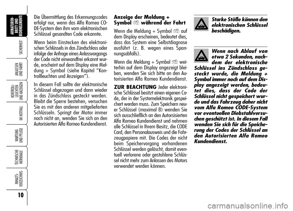 Alfa Romeo Brera/Spider 2007 Betriebsanleitung (in German) 10
SICHERHEIT
KONTROLL-
LEUCHTEN
UND ANZEIGEN
IM NOTFALL
WARTUNG
UND PFLEGE
TECHNISCHE
MERKMALE
INHALTS-
VERZEICHNIS
ARMATUREN-
BRETT UND BEDIENELEMENTE
ANLASSEN
UND FAHRT
Anzeige der Meldung +
Sym Alfa Romeo Brera/Spider 2007 Betriebsanleitung (in German) 10
SICHERHEIT
KONTROLL-
LEUCHTEN
UND ANZEIGEN
IM NOTFALL
WARTUNG
UND PFLEGE
TECHNISCHE
MERKMALE
INHALTS-
VERZEICHNIS
ARMATUREN-
BRETT UND BEDIENELEMENTE
ANLASSEN
UND FAHRT
Anzeige der Meldung +
Sym