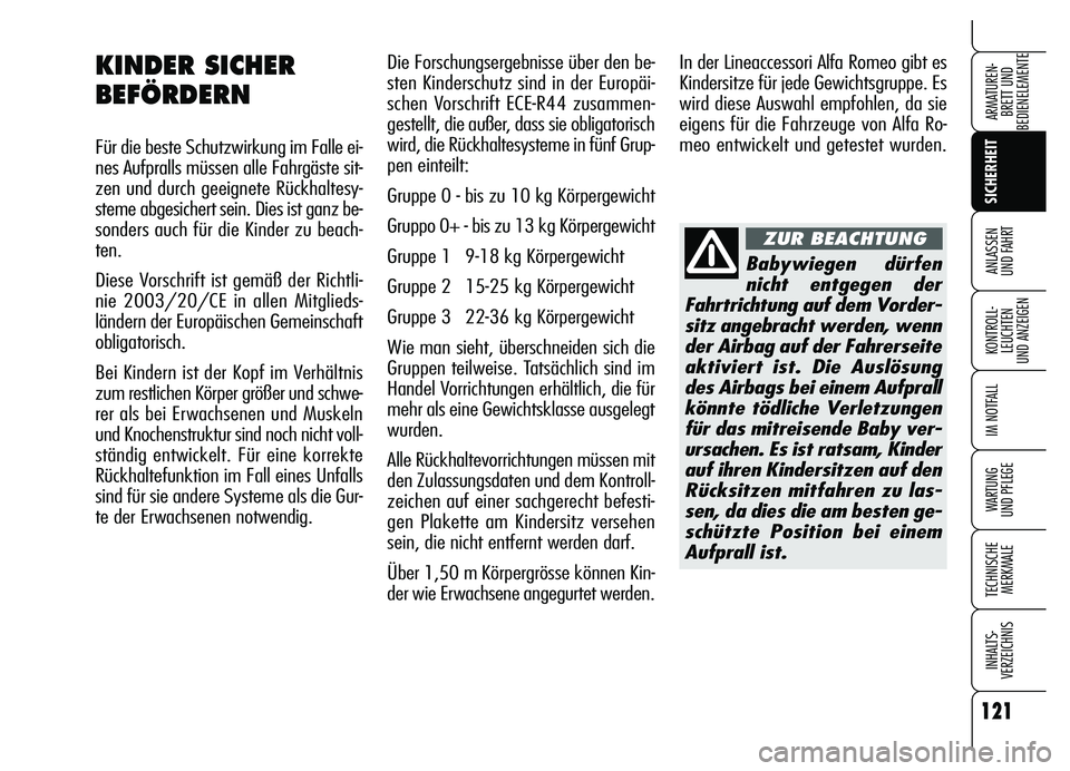 Alfa Romeo Brera/Spider 2007  Betriebsanleitung (in German) 121
SICHERHEIT
KONTROLL-
LEUCHTEN 
UND ANZEIGEN
IM NOTFALL
WARTUNG 
UND PFLEGE
TECHNISCHE
MERKMALE
INHALTS-
VERZEICHNIS
ARMATUREN-
BRETT UND 
BEDIENELEMENTE
ANLASSEN 
UND FAHRT
Die Forschungsergebniss
