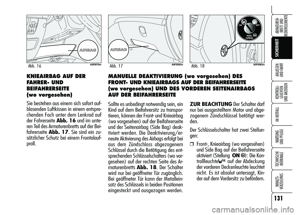 Alfa Romeo Brera/Spider 2007 Betriebsanleitung (in German) 131
SICHERHEIT
KONTROLL-
LEUCHTEN
UND ANZEIGEN
IM NOTFALL
WARTUNG
UND PFLEGE
TECHNISCHE
MERKMALE
INHALTS-
VERZEICHNIS
ARMATUREN-
BRETT UND
BEDIENELEMENTE
ANLASSEN
UND FAHRTMANUELLE DEAKTIVIERUNG ( Alfa Romeo Brera/Spider 2007 Betriebsanleitung (in German) 131
SICHERHEIT
KONTROLL-
LEUCHTEN
UND ANZEIGEN
IM NOTFALL
WARTUNG
UND PFLEGE
TECHNISCHE
MERKMALE
INHALTS-
VERZEICHNIS
ARMATUREN-
BRETT UND
BEDIENELEMENTE
ANLASSEN
UND FAHRTMANUELLE DEAKTIVIERUNG (