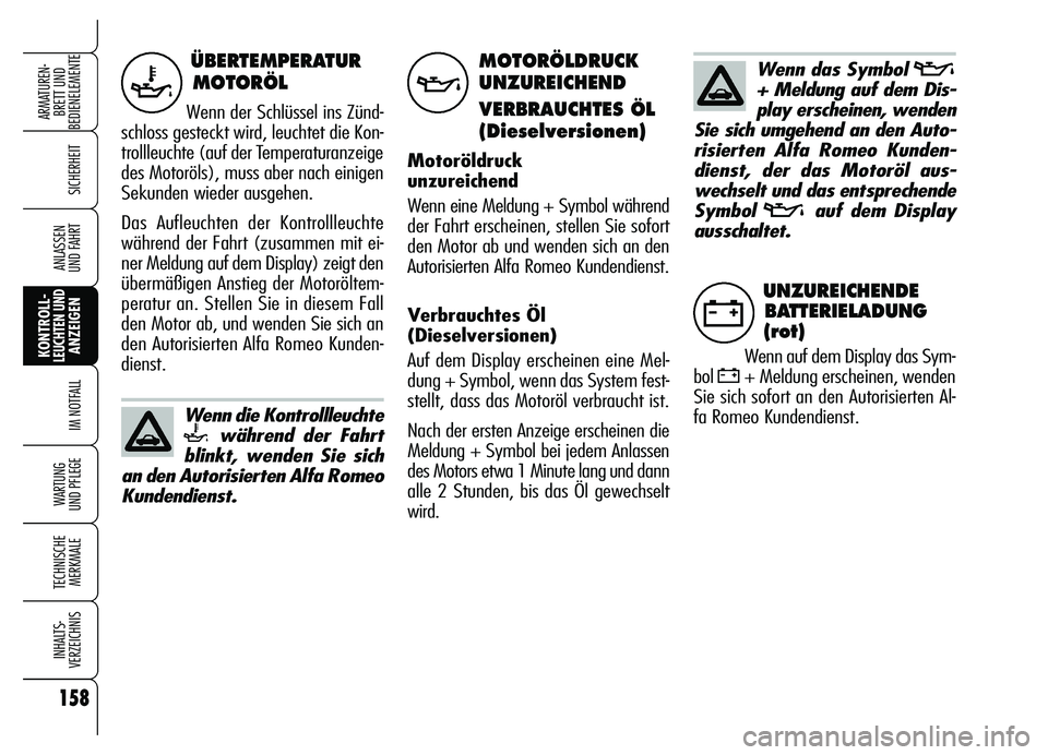 Alfa Romeo Brera/Spider 2007 Betriebsanleitung (in German) 158
SICHERHEIT
KONTROLL-LEUCHTEN UNDANZEIGEN
IM NOTFALL
WARTUNG
UND PFLEGE
TECHNISCHE
MERKMALE
INHALTS-
VERZEICHNIS
ARMATUREN-
BRETT UND
BEDIENELEMENTE
ANLASSEN
UND FAHRT
ÜBERTEMPERATUR
MOTORÖL
W Alfa Romeo Brera/Spider 2007 Betriebsanleitung (in German) 158
SICHERHEIT
KONTROLL-LEUCHTEN UNDANZEIGEN
IM NOTFALL
WARTUNG
UND PFLEGE
TECHNISCHE
MERKMALE
INHALTS-
VERZEICHNIS
ARMATUREN-
BRETT UND
BEDIENELEMENTE
ANLASSEN
UND FAHRT
ÜBERTEMPERATUR
MOTORÖL
W