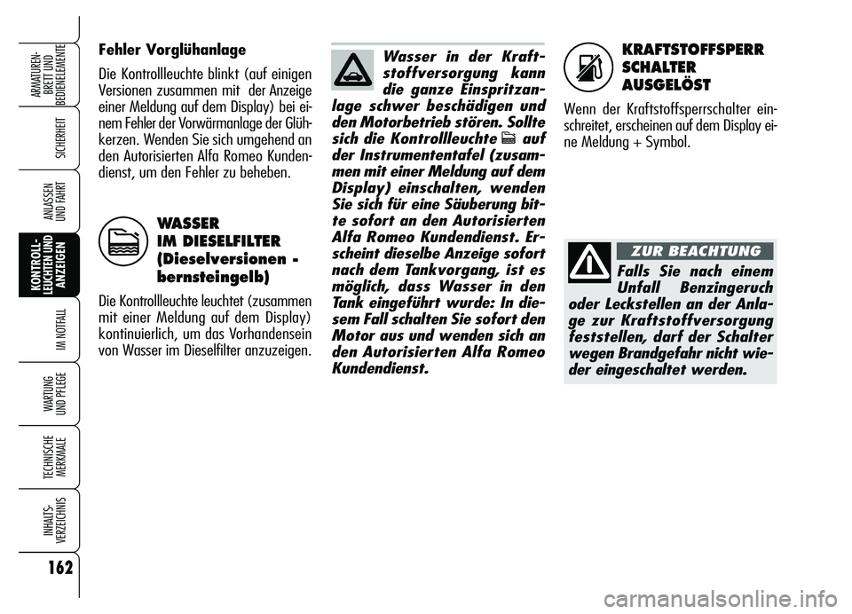 Alfa Romeo Brera/Spider 2007 Betriebsanleitung (in German) 162
SICHERHEIT
KONTROLL-LEUCHTEN UNDANZEIGEN
IM NOTFALL
WARTUNG
UND PFLEGE
TECHNISCHE
MERKMALE
INHALTS-
VERZEICHNIS
ARMATUREN-
BRETT UND
BEDIENELEMENTE
ANLASSEN
UND FAHRT
KRAFTSTOFFSPERR
SCHALTER
A Alfa Romeo Brera/Spider 2007 Betriebsanleitung (in German) 162
SICHERHEIT
KONTROLL-LEUCHTEN UNDANZEIGEN
IM NOTFALL
WARTUNG
UND PFLEGE
TECHNISCHE
MERKMALE
INHALTS-
VERZEICHNIS
ARMATUREN-
BRETT UND
BEDIENELEMENTE
ANLASSEN
UND FAHRT
KRAFTSTOFFSPERR
SCHALTER
A
