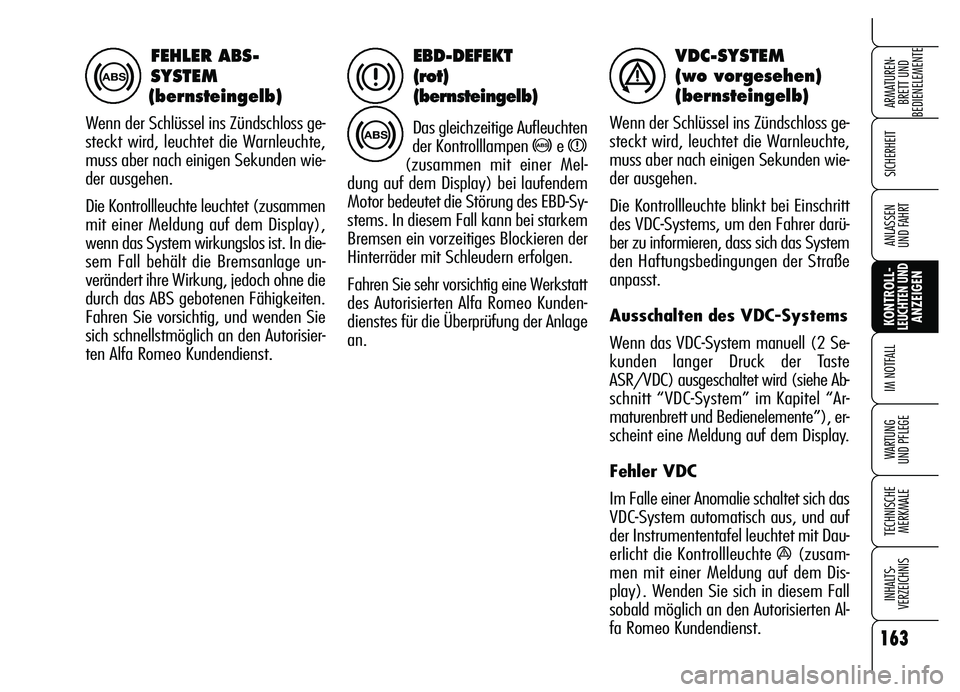 Alfa Romeo Brera/Spider 2007 Betriebsanleitung (in German) 163
SICHERHEIT
KONTROLL-LEUCHTEN UNDANZEIGEN IM NOTFALL
WARTUNG
UND PFLEGE
TECHNISCHE
MERKMALE
INHALTS-
VERZEICHNIS
ARMATUREN-
BRETT UND
BEDIENELEMENTE
ANLASSEN
UND FAHRT
EBD-DEFEKT
(rot)
(bernste Alfa Romeo Brera/Spider 2007 Betriebsanleitung (in German) 163
SICHERHEIT
KONTROLL-LEUCHTEN UNDANZEIGEN IM NOTFALL
WARTUNG
UND PFLEGE
TECHNISCHE
MERKMALE
INHALTS-
VERZEICHNIS
ARMATUREN-
BRETT UND
BEDIENELEMENTE
ANLASSEN
UND FAHRT
EBD-DEFEKT
(rot)
(bernste
