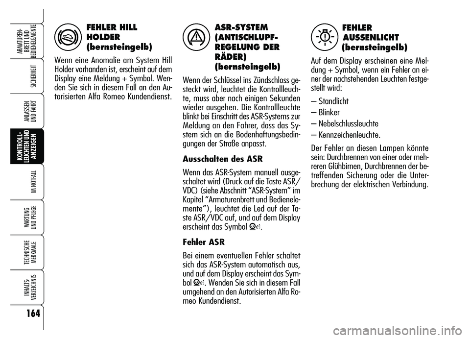 Alfa Romeo Brera/Spider 2007 Betriebsanleitung (in German) 164
SICHERHEIT
KONTROLL-LEUCHTEN UNDANZEIGEN
IM NOTFALL
WARTUNG
UND PFLEGE
TECHNISCHE
MERKMALE
INHALTS-
VERZEICHNIS
ARMATUREN-
BRETT UND
BEDIENELEMENTE
ANLASSEN
UND FAHRT
ASR-SYSTEM
(ANTISCHLUPF-
R Alfa Romeo Brera/Spider 2007 Betriebsanleitung (in German) 164
SICHERHEIT
KONTROLL-LEUCHTEN UNDANZEIGEN
IM NOTFALL
WARTUNG
UND PFLEGE
TECHNISCHE
MERKMALE
INHALTS-
VERZEICHNIS
ARMATUREN-
BRETT UND
BEDIENELEMENTE
ANLASSEN
UND FAHRT
ASR-SYSTEM
(ANTISCHLUPF-
R