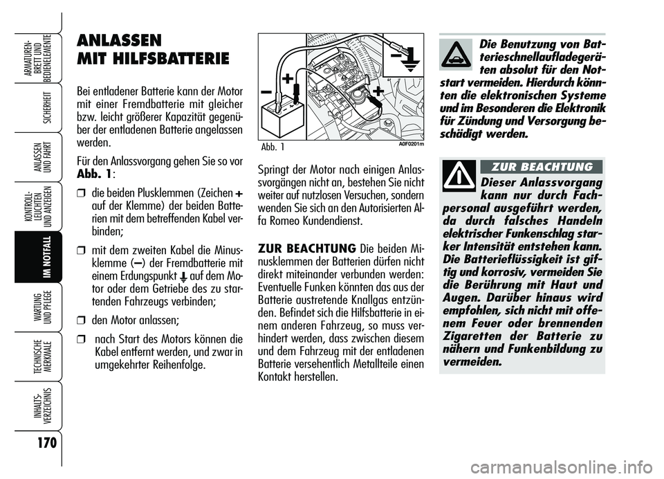 Alfa Romeo Brera/Spider 2007 Betriebsanleitung (in German) 170
SICHERHEIT
KONTROLL-
LEUCHTEN
UND ANZEIGEN
IM NOTFALL WARTUNG
UND PFLEGE
TECHNISCHE
MERKMALE
INHALTS-
VERZEICHNIS
ARMATUREN-
BRETT UND
BEDIENELEMENTE
ANLASSEN
UND FAHRT
ZUR BEACHTUNGDie beiden Alfa Romeo Brera/Spider 2007 Betriebsanleitung (in German) 170
SICHERHEIT
KONTROLL-
LEUCHTEN
UND ANZEIGEN
IM NOTFALL WARTUNG
UND PFLEGE
TECHNISCHE
MERKMALE
INHALTS-
VERZEICHNIS
ARMATUREN-
BRETT UND
BEDIENELEMENTE
ANLASSEN
UND FAHRT
ZUR BEACHTUNGDie beiden