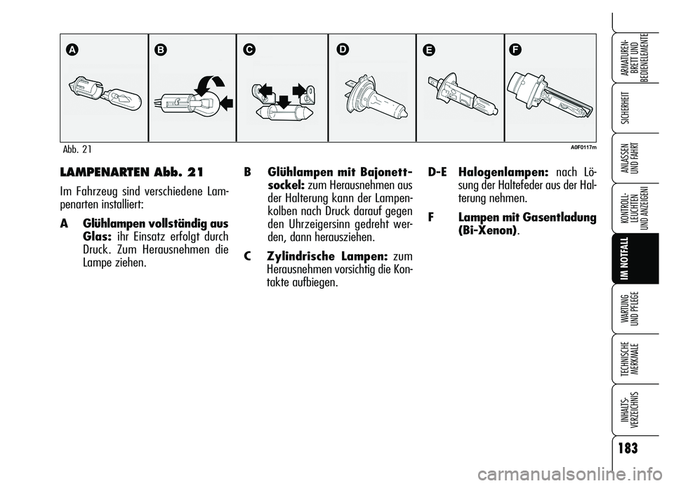 Alfa Romeo Brera/Spider 2007 Betriebsanleitung (in German) 183
SICHERHEIT
KONTROLL-
LEUCHTEN
UND ANZEIGENI
IM NOTFALL
WARTUNG
UND PFLEGE
TECHNISCHE
MERKMALE
INHALTS-
VERZEICHNIS
ARMATUREN-
BRETT UND
BEDIENELEMENTE
ANLASSEN
UND FAHRTB Glühlampen mit Bajone Alfa Romeo Brera/Spider 2007 Betriebsanleitung (in German) 183
SICHERHEIT
KONTROLL-
LEUCHTEN
UND ANZEIGENI
IM NOTFALL
WARTUNG
UND PFLEGE
TECHNISCHE
MERKMALE
INHALTS-
VERZEICHNIS
ARMATUREN-
BRETT UND
BEDIENELEMENTE
ANLASSEN
UND FAHRTB Glühlampen mit Bajone