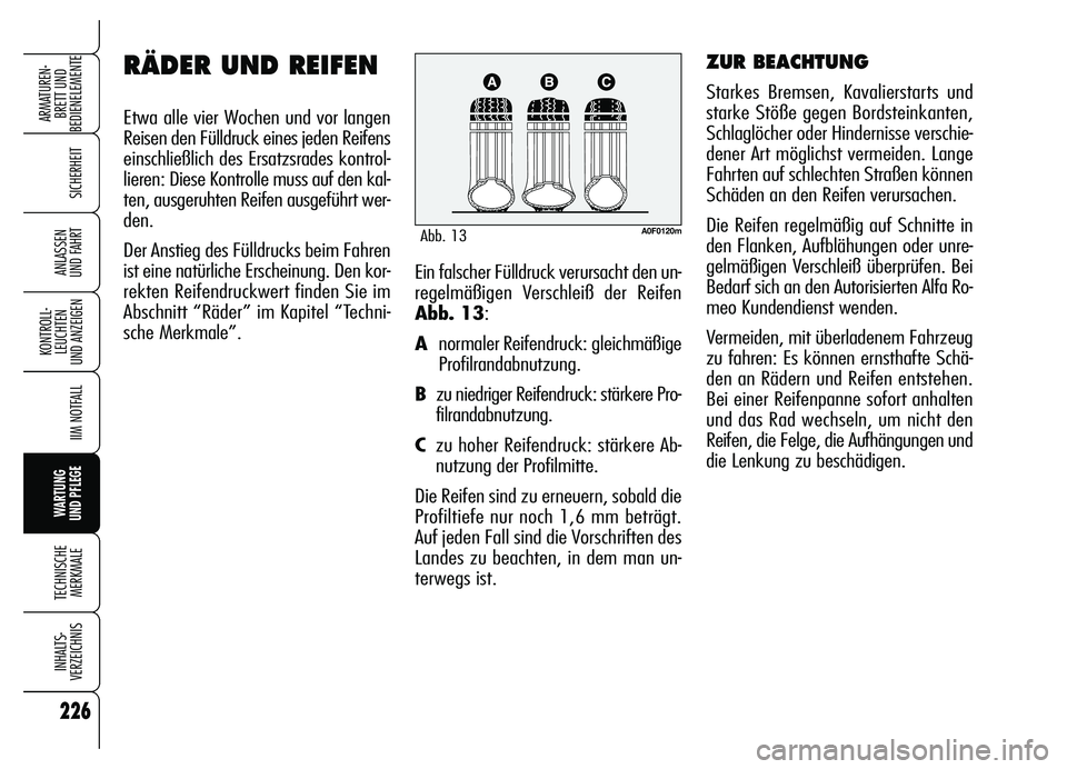 Alfa Romeo Brera/Spider 2007  Betriebsanleitung (in German) 226
SICHERHEIT
KONTROLL-
LEUCHTEN 
UND ANZEIGEN
IIM NOTFALL
WARTUNG 
UND PFLEGE
TECHNISCHE
MERKMALE
INHALTS-
VERZEICHNIS
ARMATUREN-
BRETT UND 
BEDIENELEMENTE
ANLASSEN 
UND FAHRTEin falscher Fülldruck