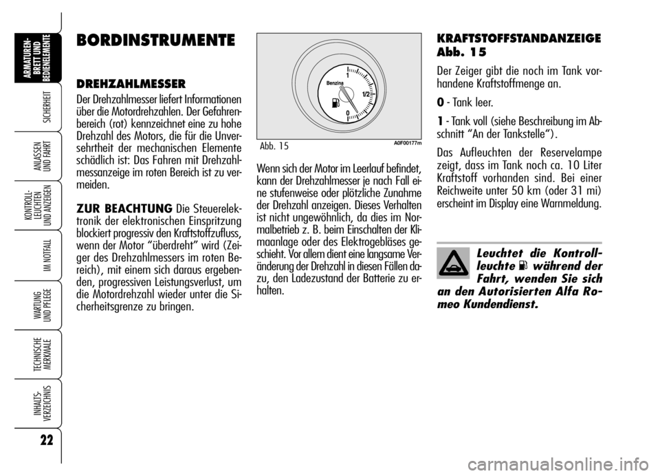 Alfa Romeo Brera/Spider 2007 Betriebsanleitung (in German) 22
SICHERHEIT
KONTROLL-
LEUCHTEN
UND ANZEIGEN
IM NOTFALL
WARTUNG
UND PFLEGE
TECHNISCHE
MERKMALE
INHALTS-
VERZEICHNIS
ARMATUREN-
BRETT UND BEDIENELEMENTE
ANLASSEN
UND FAHRT
KRAFTSTOFFSTANDANZEIGE
Ab Alfa Romeo Brera/Spider 2007 Betriebsanleitung (in German) 22
SICHERHEIT
KONTROLL-
LEUCHTEN
UND ANZEIGEN
IM NOTFALL
WARTUNG
UND PFLEGE
TECHNISCHE
MERKMALE
INHALTS-
VERZEICHNIS
ARMATUREN-
BRETT UND BEDIENELEMENTE
ANLASSEN
UND FAHRT
KRAFTSTOFFSTANDANZEIGE
Ab