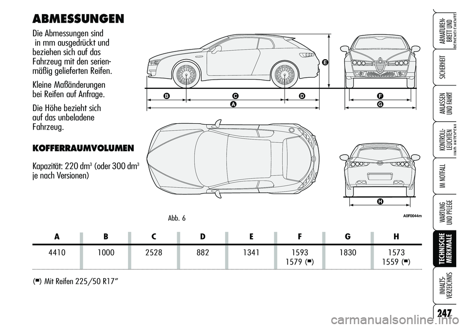 Alfa Romeo Brera/Spider 2007 Betriebsanleitung (in German) 247
SICHERHEIT
KONTROLL-
LEUCHTEN
UND ANZEIGENI
IM NOTFALL
WARTUNG
UND PFLEGE
TECHNISCHE
MERKMALE INHALTS-
VERZEICHNIS
ARMATUREN-
BRETT UND
BEDIENELEMENTE
ANLASSEN
UND FAHRT
ABMESSUNGEN
Die Abmess Alfa Romeo Brera/Spider 2007 Betriebsanleitung (in German) 247
SICHERHEIT
KONTROLL-
LEUCHTEN
UND ANZEIGENI
IM NOTFALL
WARTUNG
UND PFLEGE
TECHNISCHE
MERKMALE INHALTS-
VERZEICHNIS
ARMATUREN-
BRETT UND
BEDIENELEMENTE
ANLASSEN
UND FAHRT
ABMESSUNGEN
Die Abmess