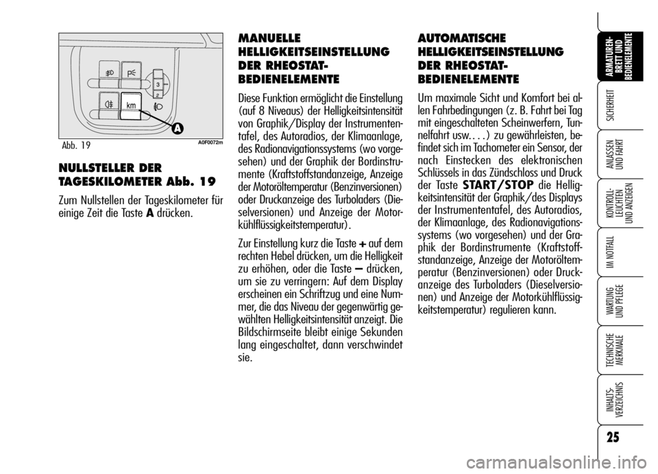 Alfa Romeo Brera/Spider 2007 Betriebsanleitung (in German) 25
SICHERHEIT
KONTROLL-
LEUCHTEN
UND ANZEIGEN
IM NOTFALL
WARTUNG
UND PFLEGE
TECHNISCHE
MERKMALE
INHALTS-
VERZEICHNIS
ARMATUREN-
BRETT UND BEDIENELEMENTE
ANLASSEN
UND FAHRT
AUTOMATISCHE
HELLIGKEITSE Alfa Romeo Brera/Spider 2007 Betriebsanleitung (in German) 25
SICHERHEIT
KONTROLL-
LEUCHTEN
UND ANZEIGEN
IM NOTFALL
WARTUNG
UND PFLEGE
TECHNISCHE
MERKMALE
INHALTS-
VERZEICHNIS
ARMATUREN-
BRETT UND BEDIENELEMENTE
ANLASSEN
UND FAHRT
AUTOMATISCHE
HELLIGKEITSE