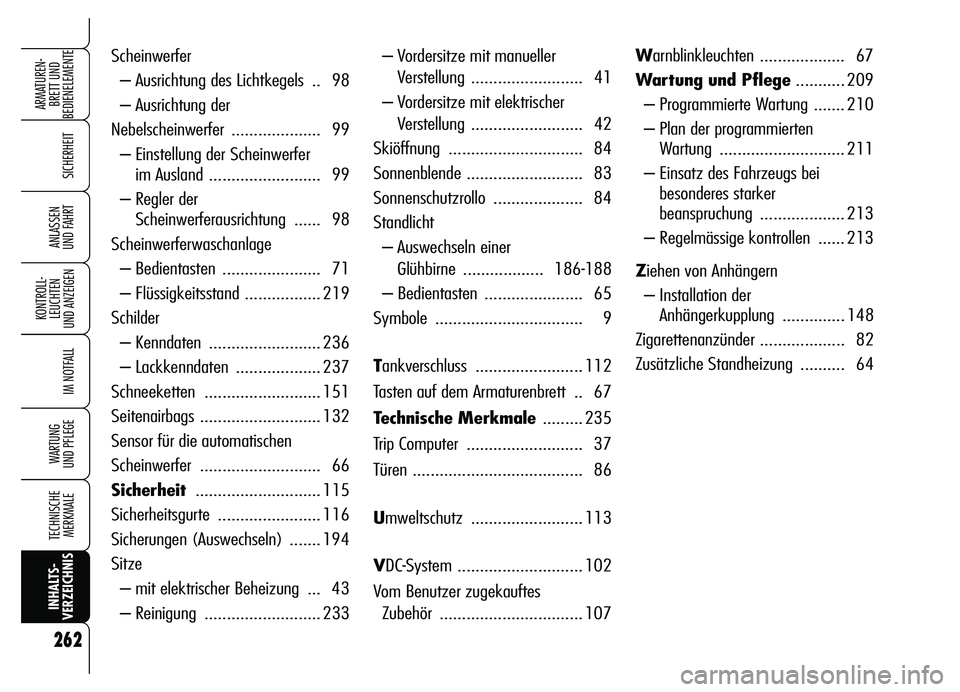 Alfa Romeo Brera/Spider 2007 Betriebsanleitung (in German) 262
SICHERHEIT
KONTROLL-
LEUCHTEN
UND ANZEIGEN
IM NOTFALL
WARTUNG
UND PFLEGE
TECHNISCHE
MERKMALE
INHALTS-
VERZEICHNISARMATUREN-
BRETT UND
BEDIENELEMENTE
ANLASSEN
UND FAHRT
– Vordersitze mit manu Alfa Romeo Brera/Spider 2007 Betriebsanleitung (in German) 262
SICHERHEIT
KONTROLL-
LEUCHTEN
UND ANZEIGEN
IM NOTFALL
WARTUNG
UND PFLEGE
TECHNISCHE
MERKMALE
INHALTS-
VERZEICHNISARMATUREN-
BRETT UND
BEDIENELEMENTE
ANLASSEN
UND FAHRT
– Vordersitze mit manu