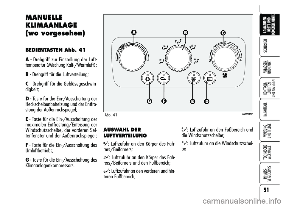 Alfa Romeo Brera/Spider 2007  Betriebsanleitung (in German) 51
SICHERHEIT
KONTROLL-
LEUCHTEN 
UND ANZEIGEN
IM NOTFALL
WARTUNG 
UND PFLEGE
TECHNISCHE
MERKMALE
INHALTS-
VERZEICHNIS
ARMATUREN-
BRETT UND BEDIENELEMENTE
ANLASSEN 
UND FAHRT
AUSWAHL DER
LUFTVERTEILUN