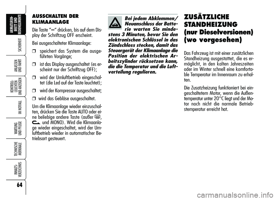 Alfa Romeo Brera/Spider 2007  Betriebsanleitung (in German) 64
SICHERHEIT
KONTROLL-
LEUCHTEN 
UND ANZEIGEN
IM NOTFALL
WARTUNG 
UND PFLEGE
TECHNISCHE
MERKMALE
INHALTS-
VERZEICHNIS
ARMATUREN-
BRETT UND BEDIENELEMENTE
ANLASSEN 
UND FAHRT
AUSSCHALTEN DER
KLIMAANLA