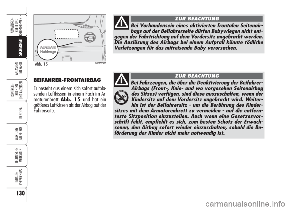Alfa Romeo Brera/Spider 2008  Betriebsanleitung (in German) 130
SICHERHEIT
KONTROLL-
LEUCHTEN
UND ANZEIGEN
IM NOTFALL
WARTUNG 
UND PFLEGE
TECHNISCHE
MERKMALE
INHALTS-
VERZEICHNIS
ARMATUREN-
BRETT UND 
BEDIENELEMENTE
ANLASSEN
UND FAHRT
Bei Fahrzeugen, die über