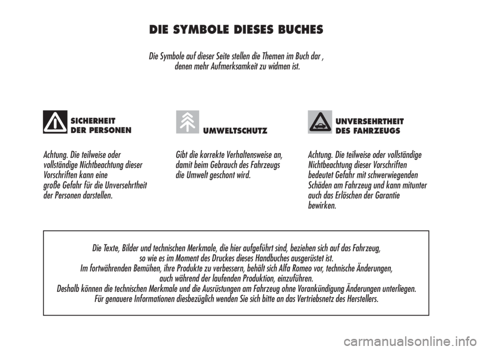 Alfa Romeo Brera/Spider 2008  Betriebsanleitung (in German) DIE SYMBOLE DIESES BUCHES
Die Symbole auf dieser Seite stellen die Themen im Buch dar ,
denen mehr Aufmerksamkeit zu widmen ist.
Achtung. Die teilweise oder 
vollständige Nichtbeachtung dieser
Vorsch