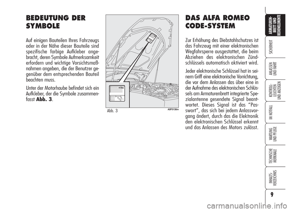 Alfa Romeo Brera/Spider 2008  Betriebsanleitung (in German) 9
SICHERHEIT
KONTROLL-
LEUCHTEN
UND ANZEIGEN
IM NOTFALL
WARTUNG 
UND PFLEGE
TECHNISCHE
MERKMALE
INHALTS-
VERZEICHNIS
ARMATUREN-
BRETT UND BEDIENELEMENTE
ANLASSEN
UND FAHRT
DAS ALFA ROMEO
CODE-SYSTEM
Z